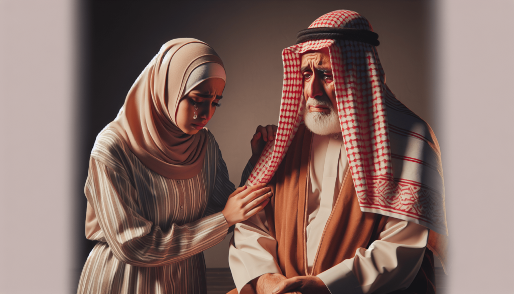أريد-صورة-أمرأة-تقف-بجانب-أبيها-العجوز-و-هي-تذرف