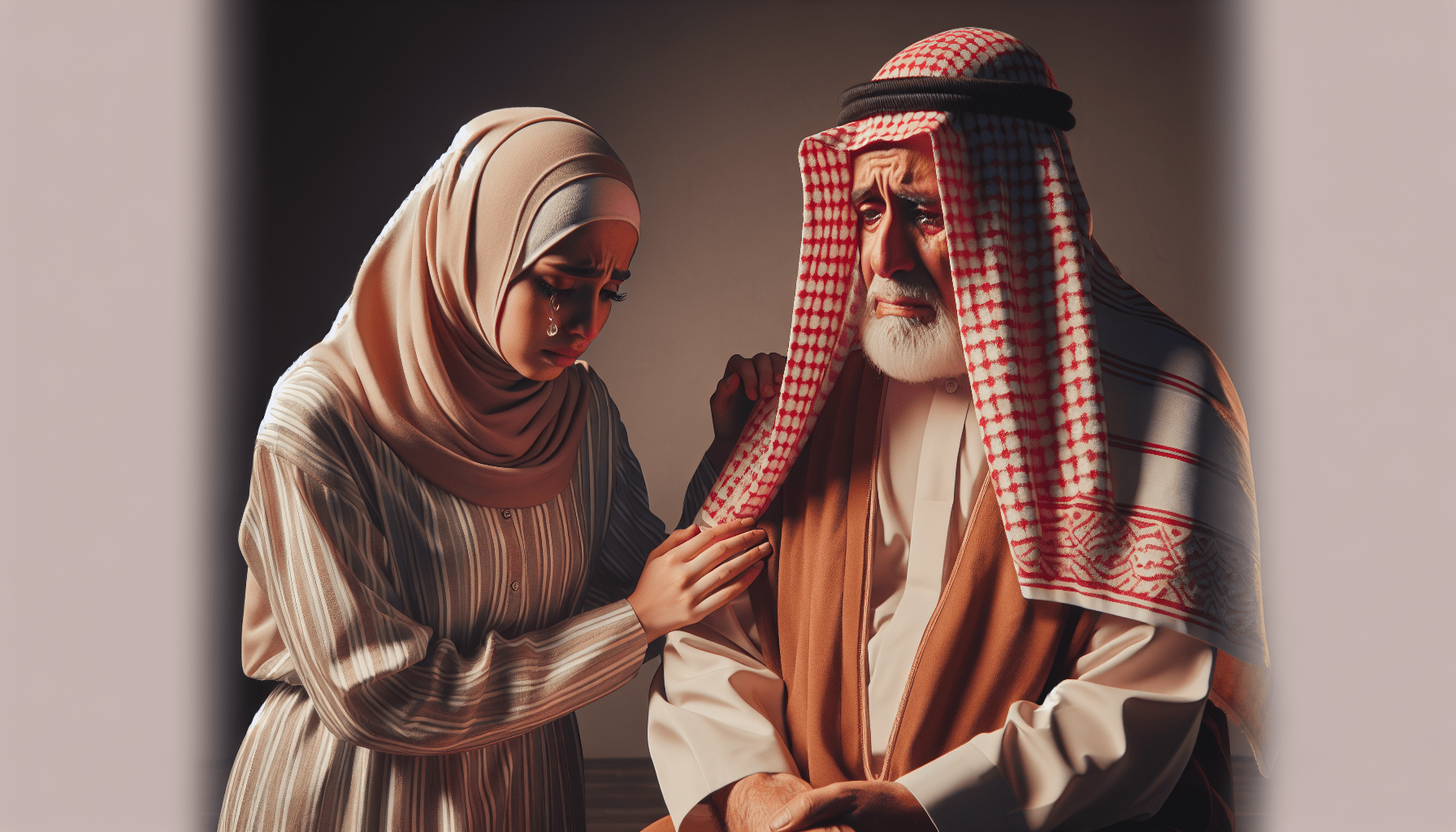 أريد-صورة-أمرأة-تقف-بجانب-أبيها-العجوز-و-هي-تذرف